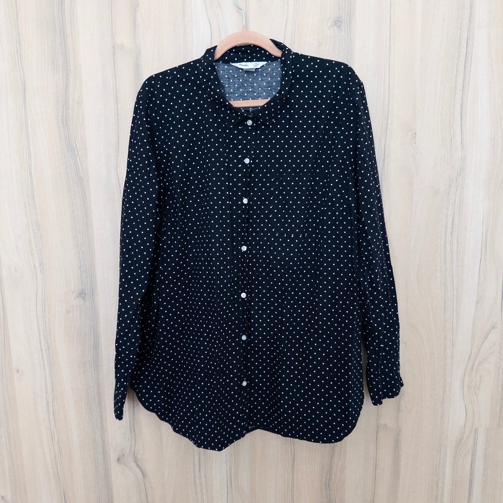 Old Navy Womens Polka Dot Button Down Shirt XXL Black Long Sleeve Retro Preppy